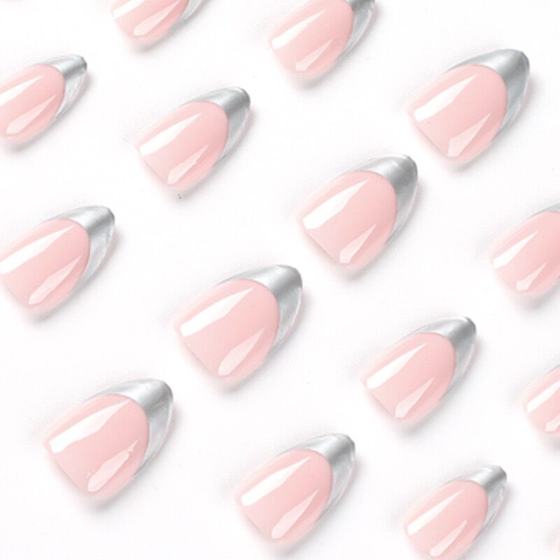 S60 Baby pink & silver pointed SHORT NAIL