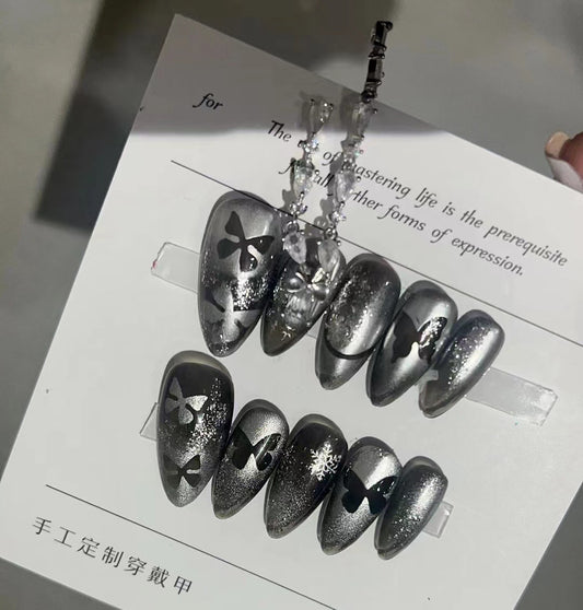 H240 SILVER BLACK BUTTERFLY HANDMADE NAIL
