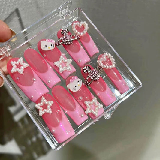 HK18 PINK LOVE CARTOON Cat HANDMADE NAIL
