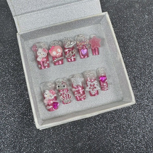 HK30 Pink Candy Skull Star Crown Cat HANDMADE NAIL