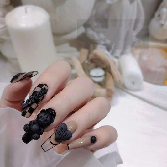 H107 Diablo Checkerboard Little Bear Love HANDMADE NAIL