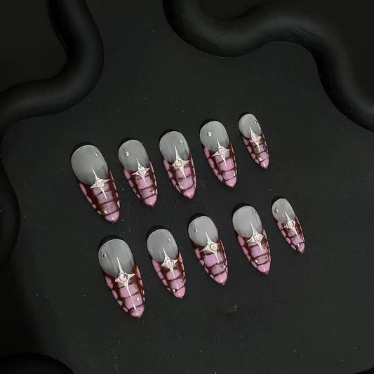 H241 GREY PURPLE DIAMOND STAR HANDMADE NAIL