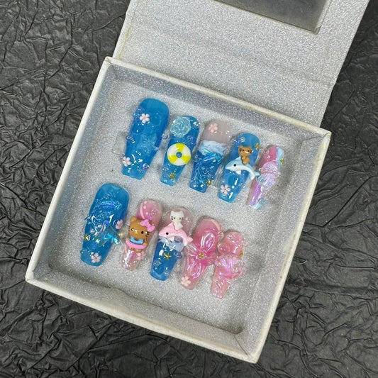HK51 Ocean Blue Waves Carved Dolphin Cat HANDMADE NAIL