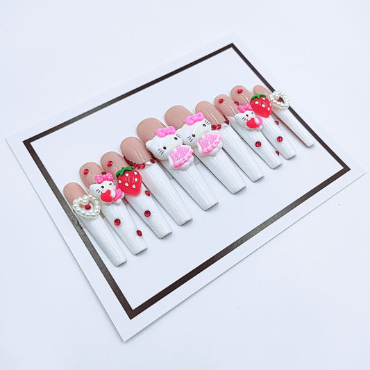 HK9 Baby Pink & White Cartoon Cat HANDMADE NAIL