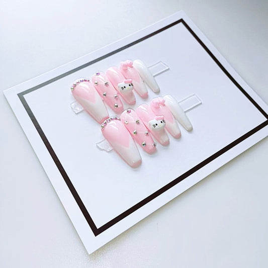 HK10 Cartoon 3D Pink Cat HANDMADE NAIL
