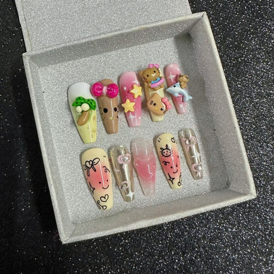 HK41 Hawaiian Holiday Coconut Tree Cat HANDMADE NAIL