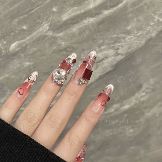 HK3 Watermelon Red Pigeon Egg Gemstone Cat HANDMADE NAIL