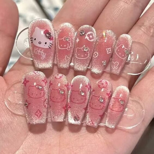 HK6 Shiny Pink Cute Head Cat HANDMADE NAIL