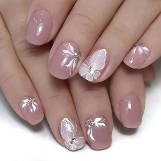 S44 BABY PINK BUTTERFLY SHORT NAIL