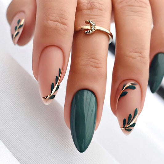 S38 BABY PINK & GREEN LEAVES SHORT NAIL