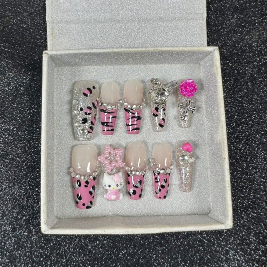 HK40 Leopard Print Rhinestone Cross Rose Cat HANDMADE NAIL