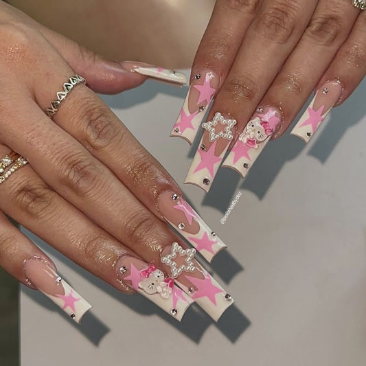 HK23 Cute Hand Drawn Star Cartoon Cat HANDMADE NAIL