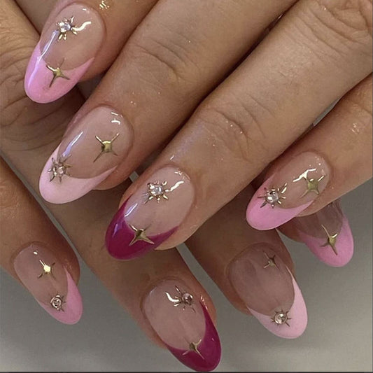 K17 Pink Edged Golden Star MEDIUM NAIL